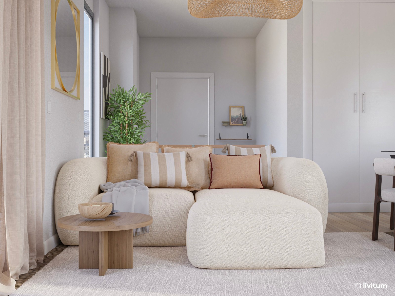 Moderno salón comedor con detalles bold y muebles oscuros