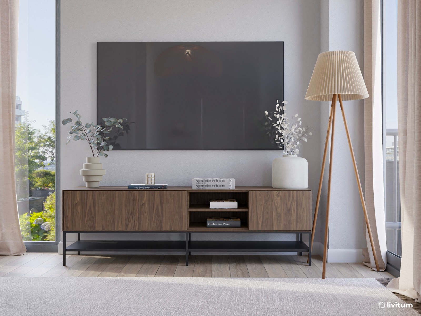 Moderno salón comedor con detalles bold y muebles oscuros