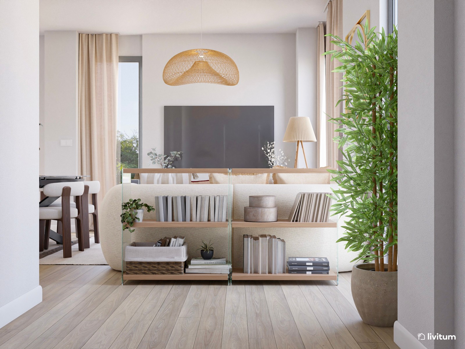 Moderno salón comedor con detalles bold y muebles oscuros