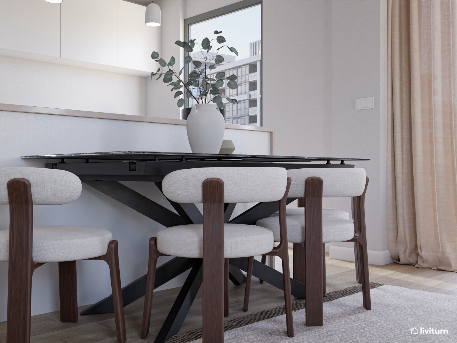 Moderno salón comedor con detalles bold y muebles oscuros