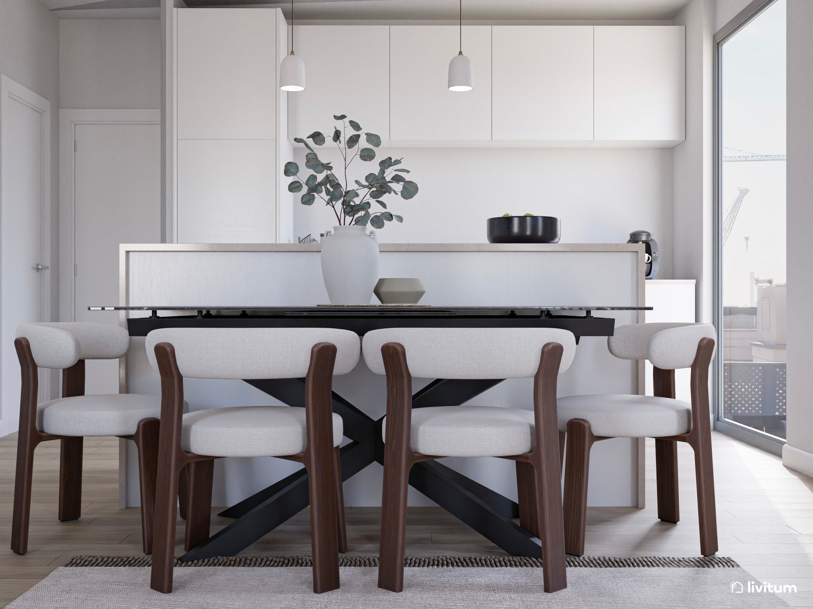 Moderno salón comedor con detalles bold y muebles oscuros