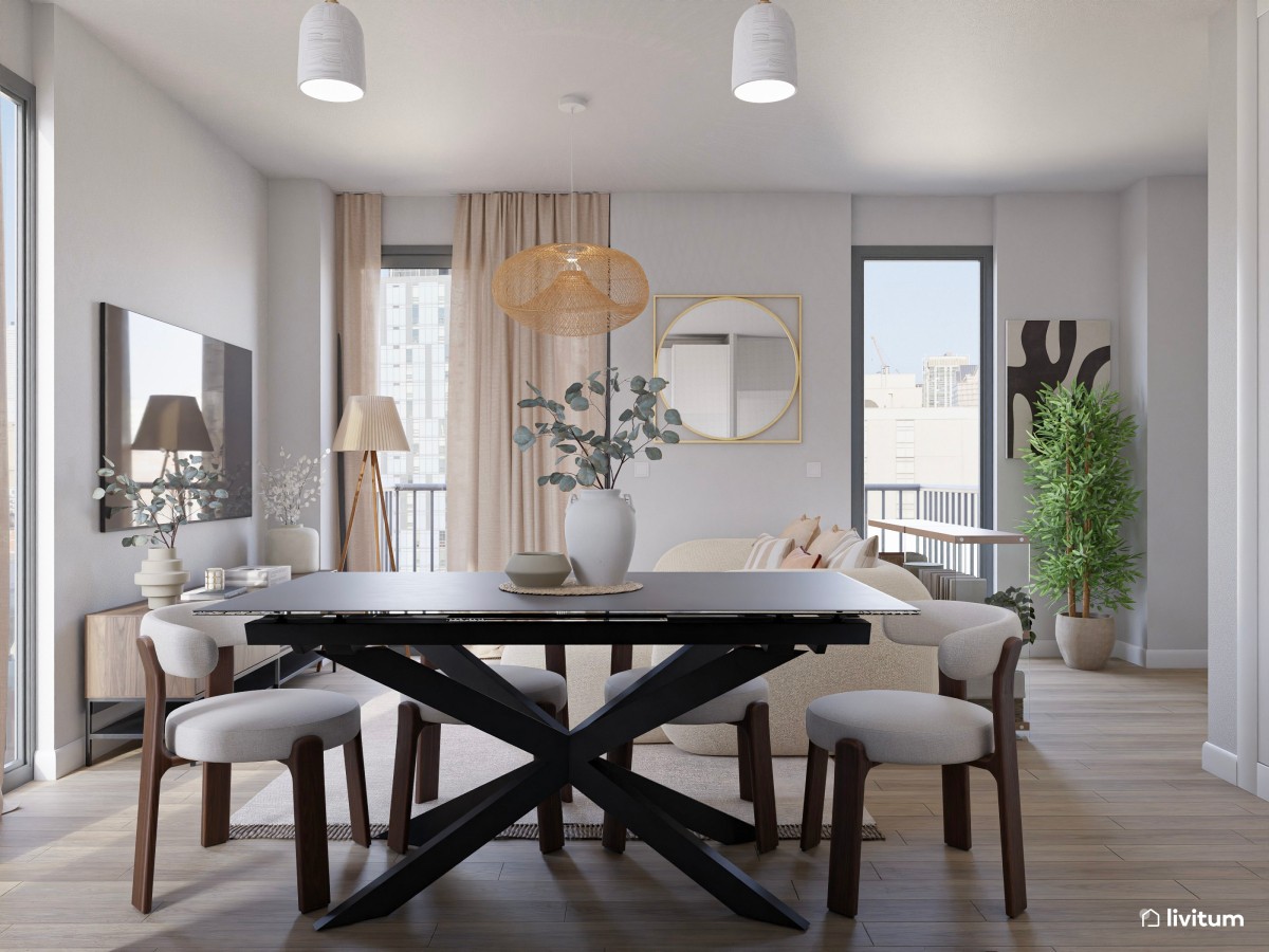 Moderno salón comedor con detalles bold y muebles oscuros