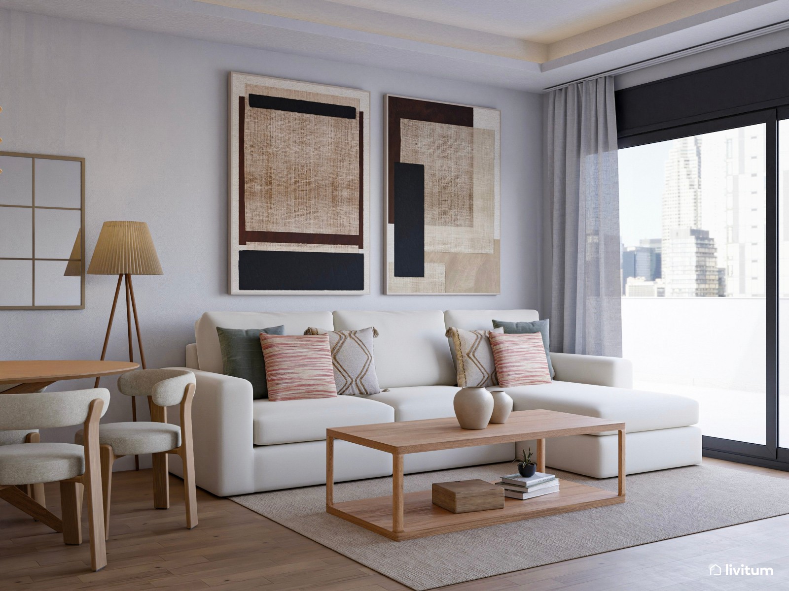 Moderno salón comedor con detalles en negro y marrón 