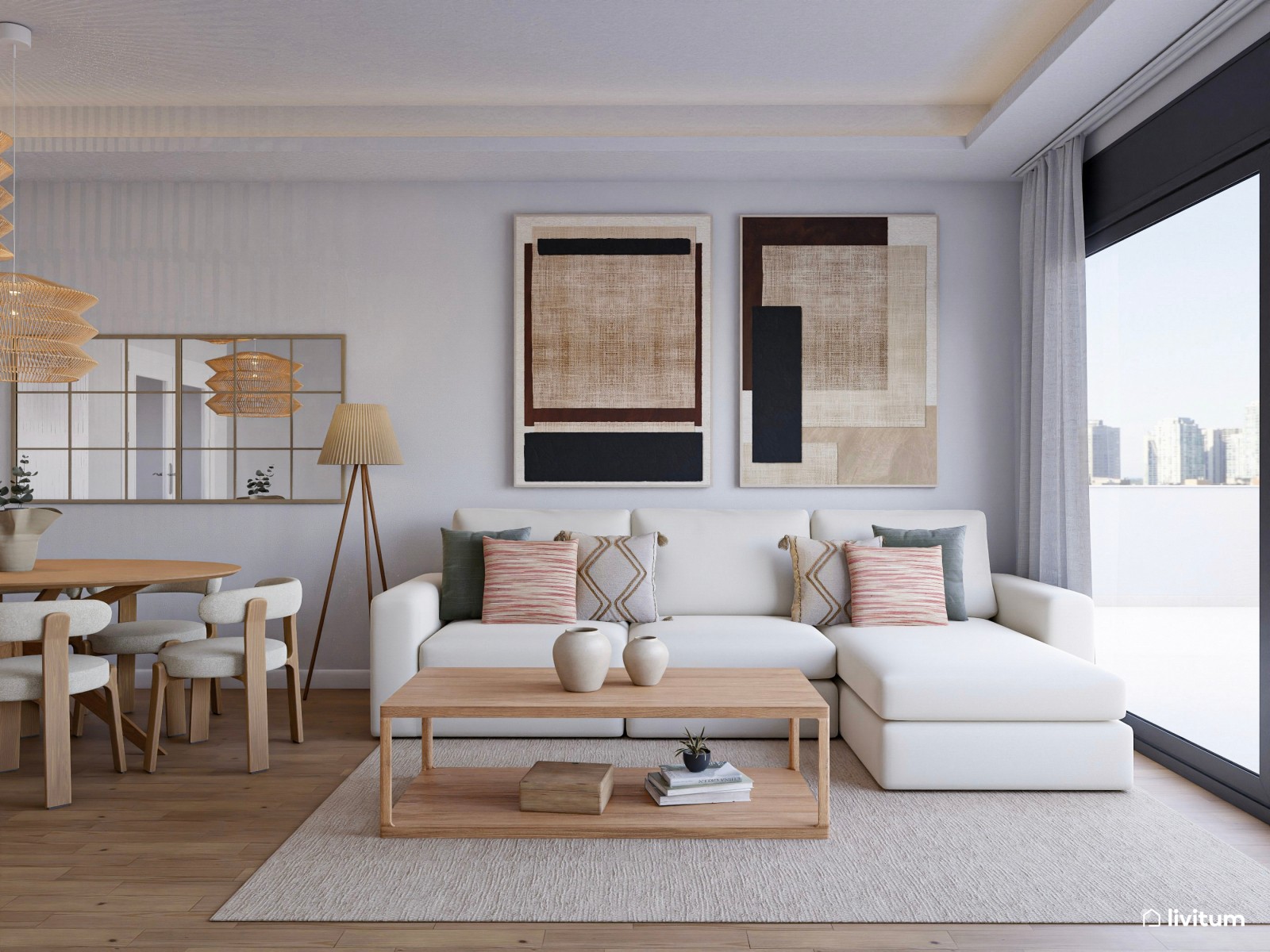 Moderno salón comedor con detalles en negro y marrón 