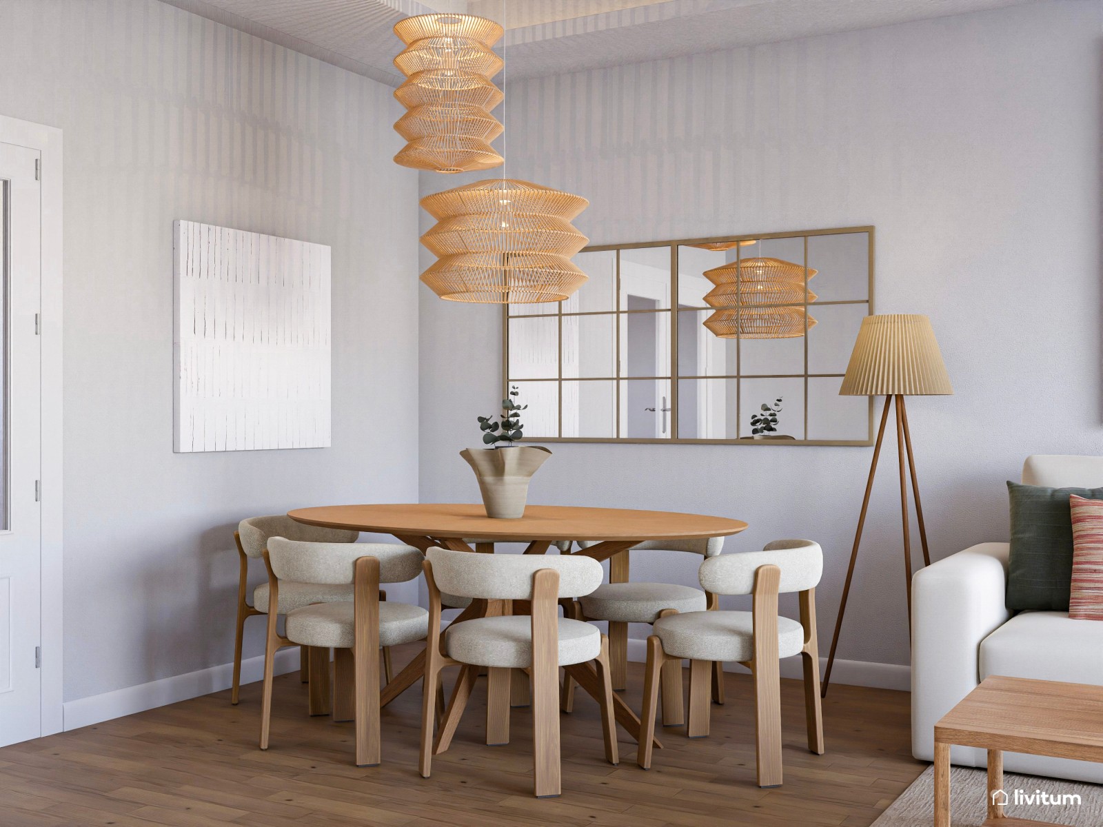 Moderno salón comedor con detalles en negro y marrón 