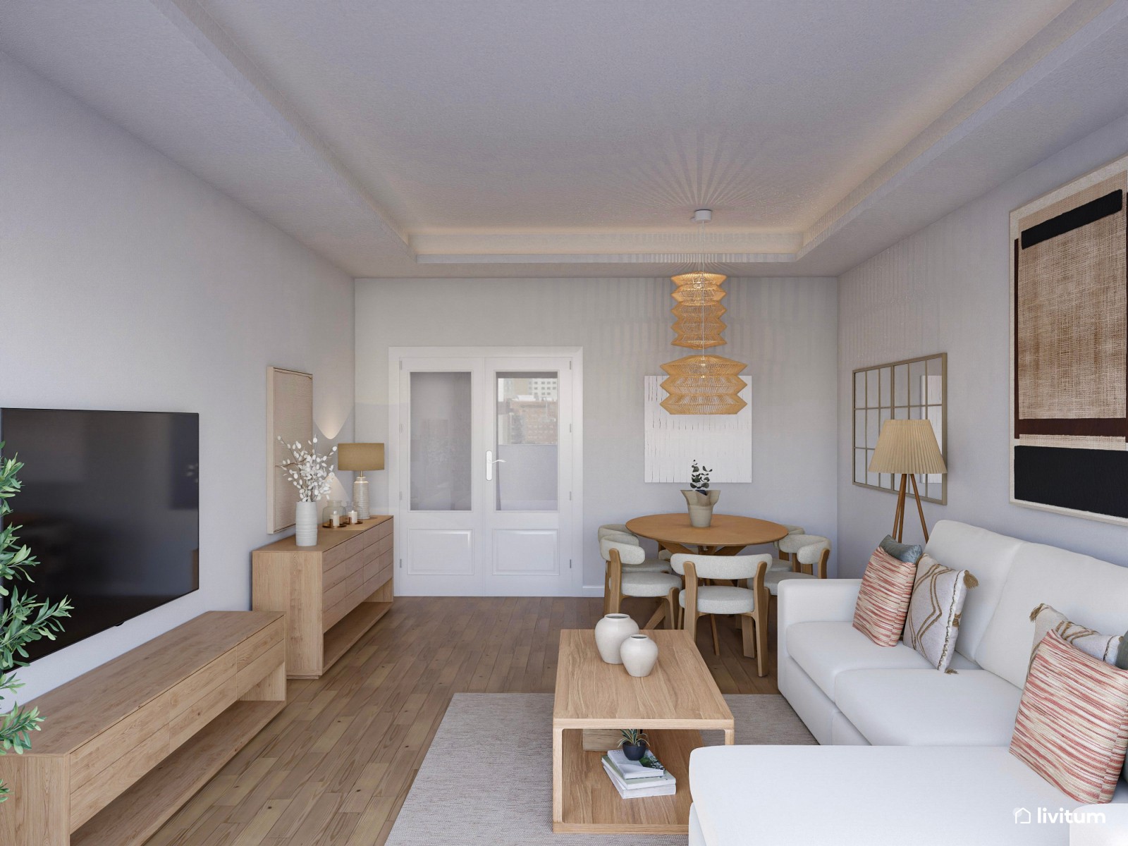 Moderno salón comedor con detalles en negro y marrón 