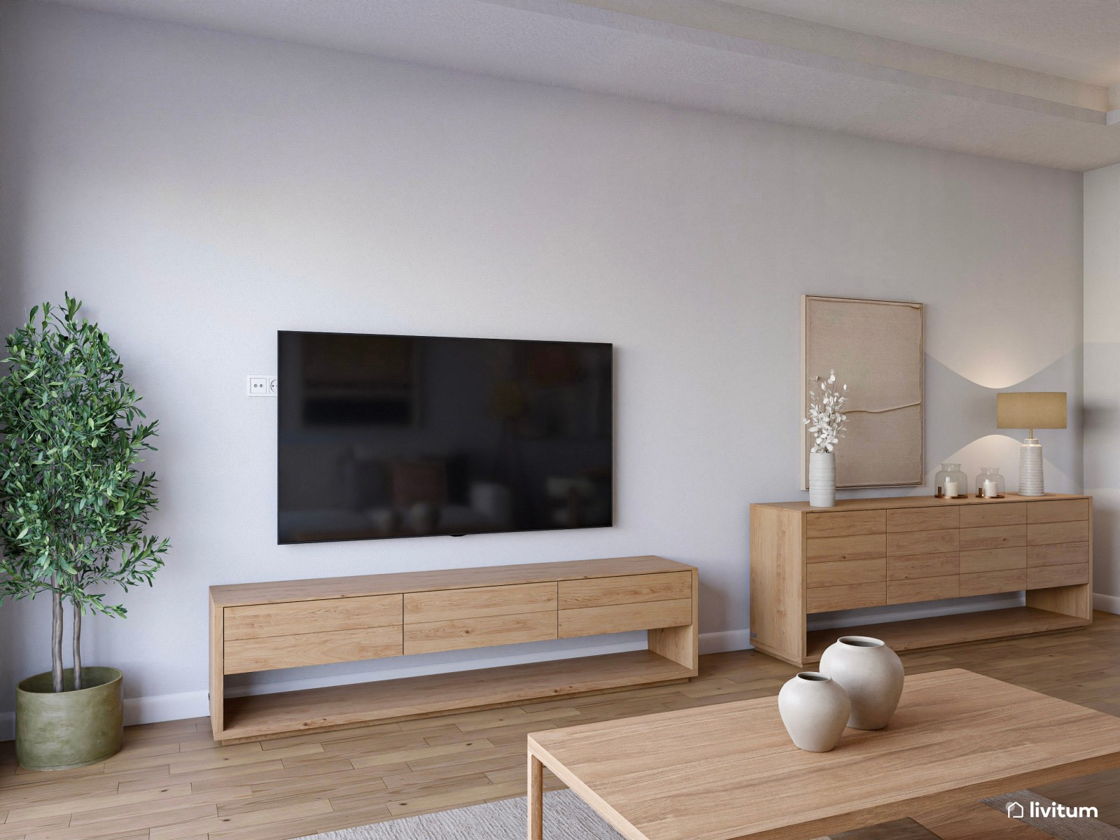 Moderno salón comedor con detalles en negro y marrón 