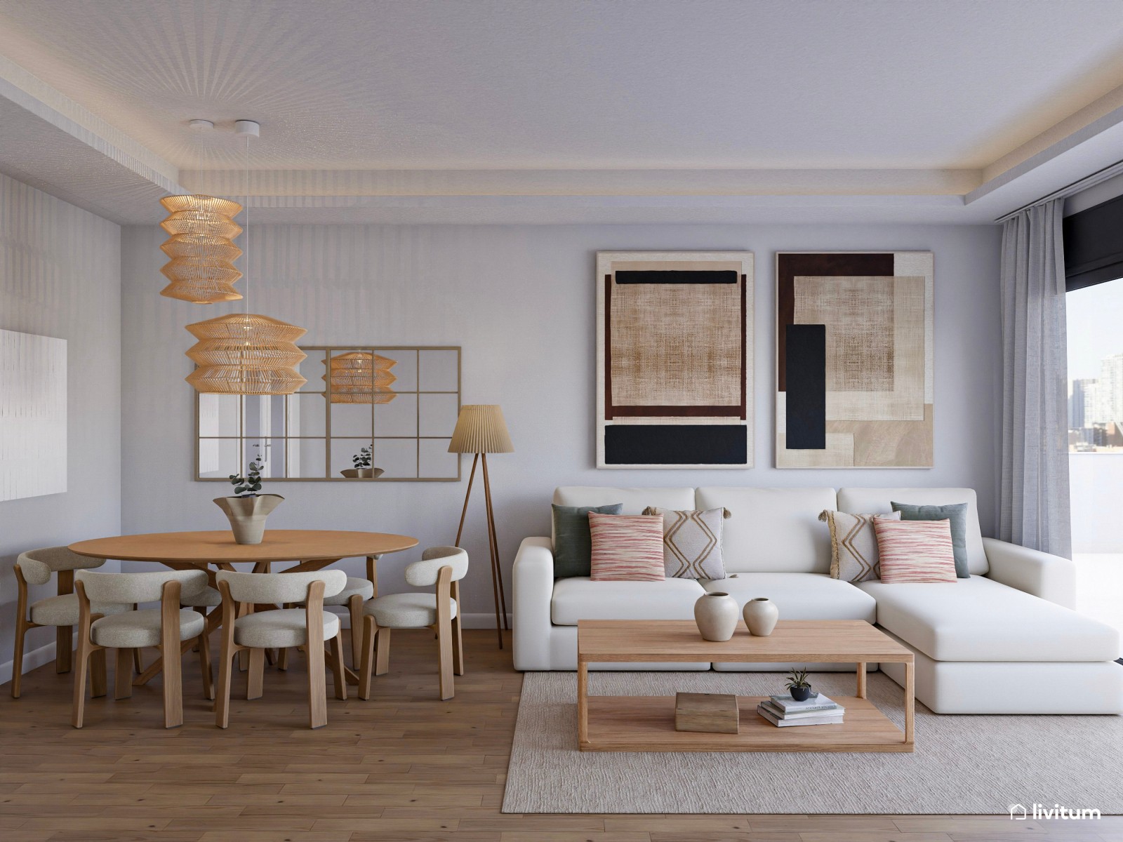 Moderno salón comedor con detalles en negro y marrón 