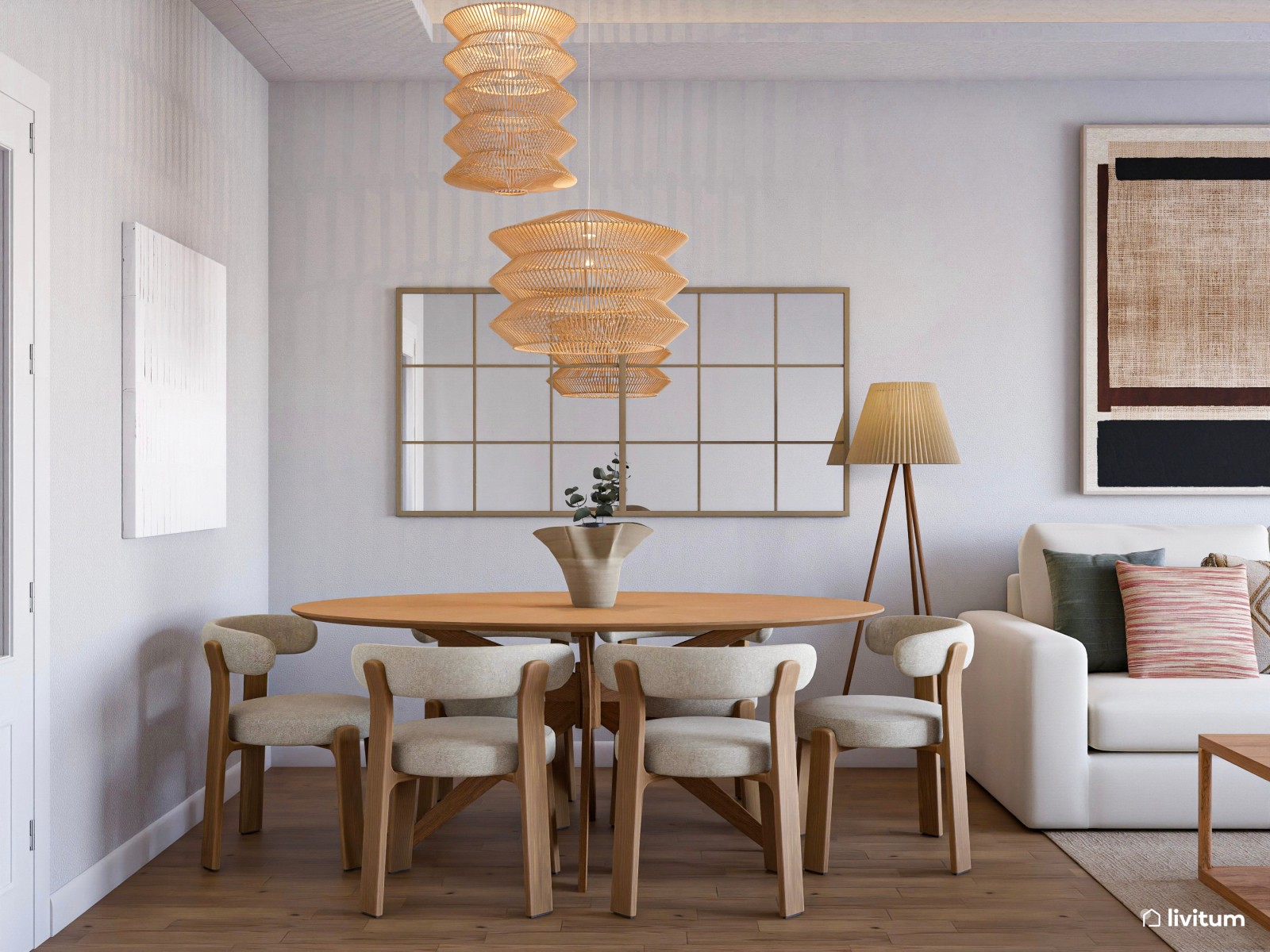 Moderno salón comedor con detalles en negro y marrón 