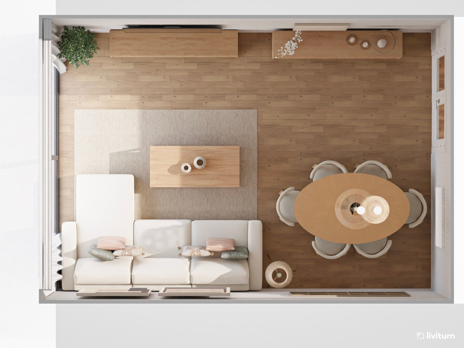 Moderno salón comedor con detalles en negro y marrón 