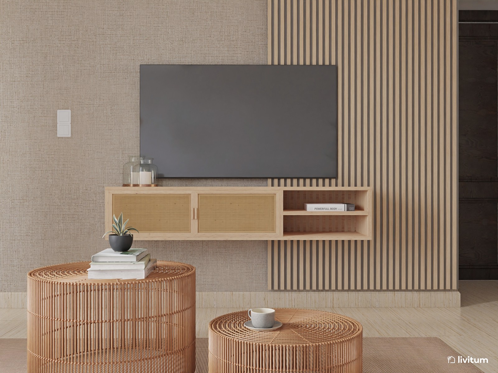 Moderno salón comedor con listones de madera 