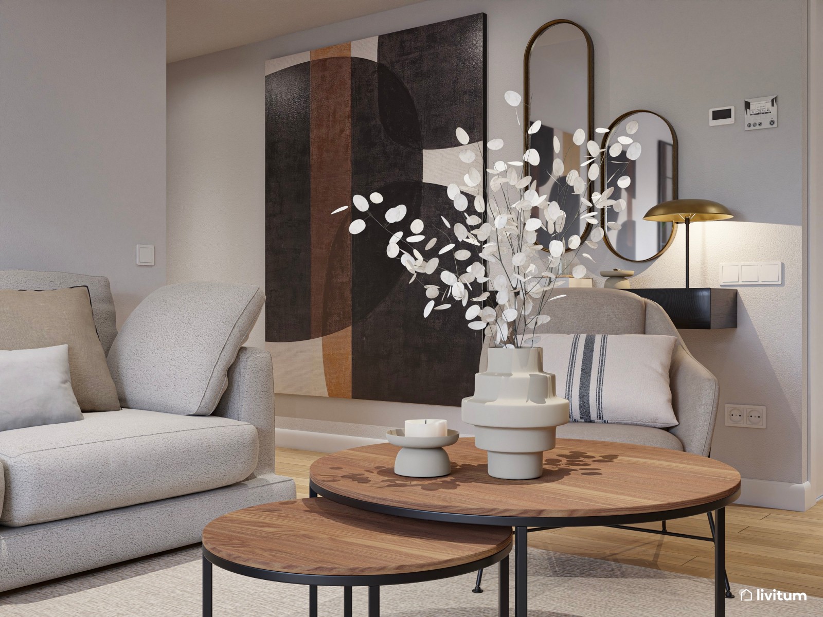 Moderno salón comedor con madera oscura y detalles en negro