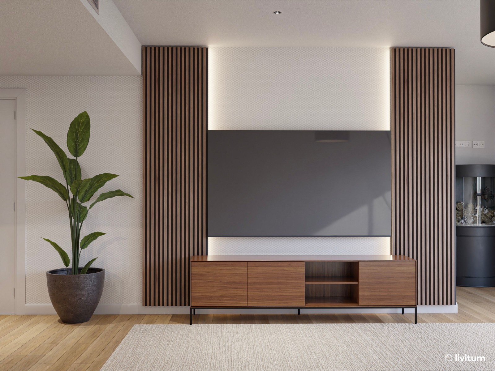Moderno salón comedor con madera oscura y detalles en negro