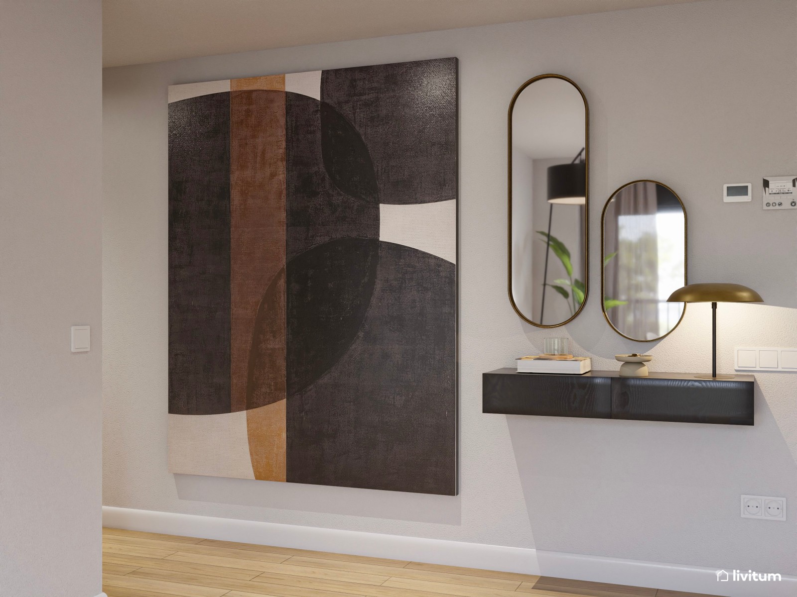 Moderno salón comedor con madera oscura y detalles en negro