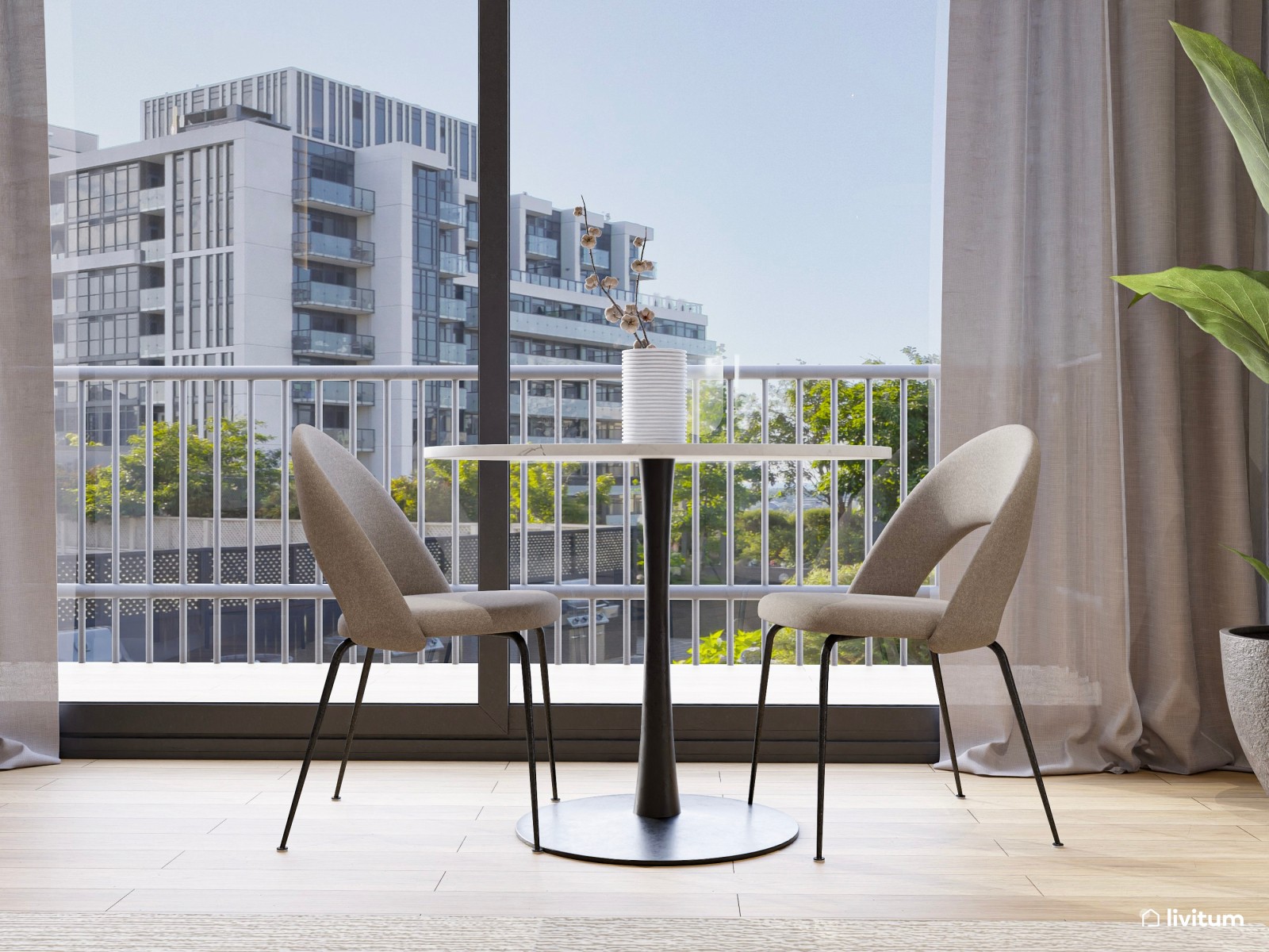 Moderno salón comedor con madera oscura y detalles en negro