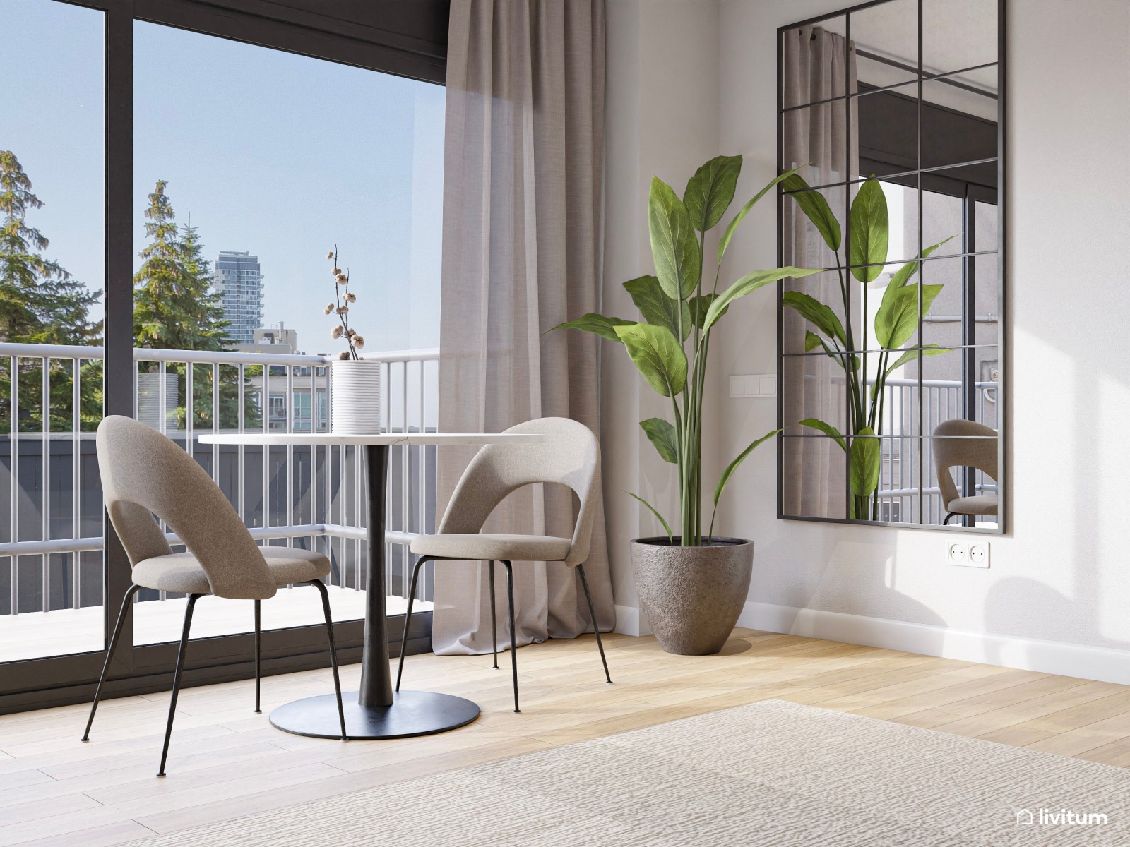 Moderno salón comedor con madera oscura y detalles en negro