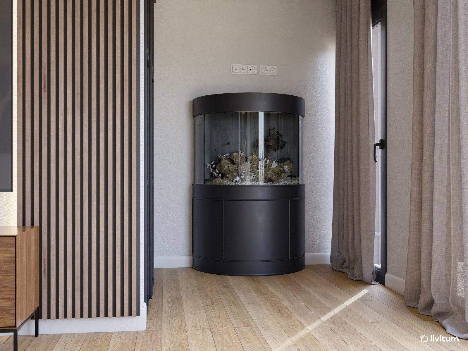 Moderno salón comedor con madera oscura y detalles en negro