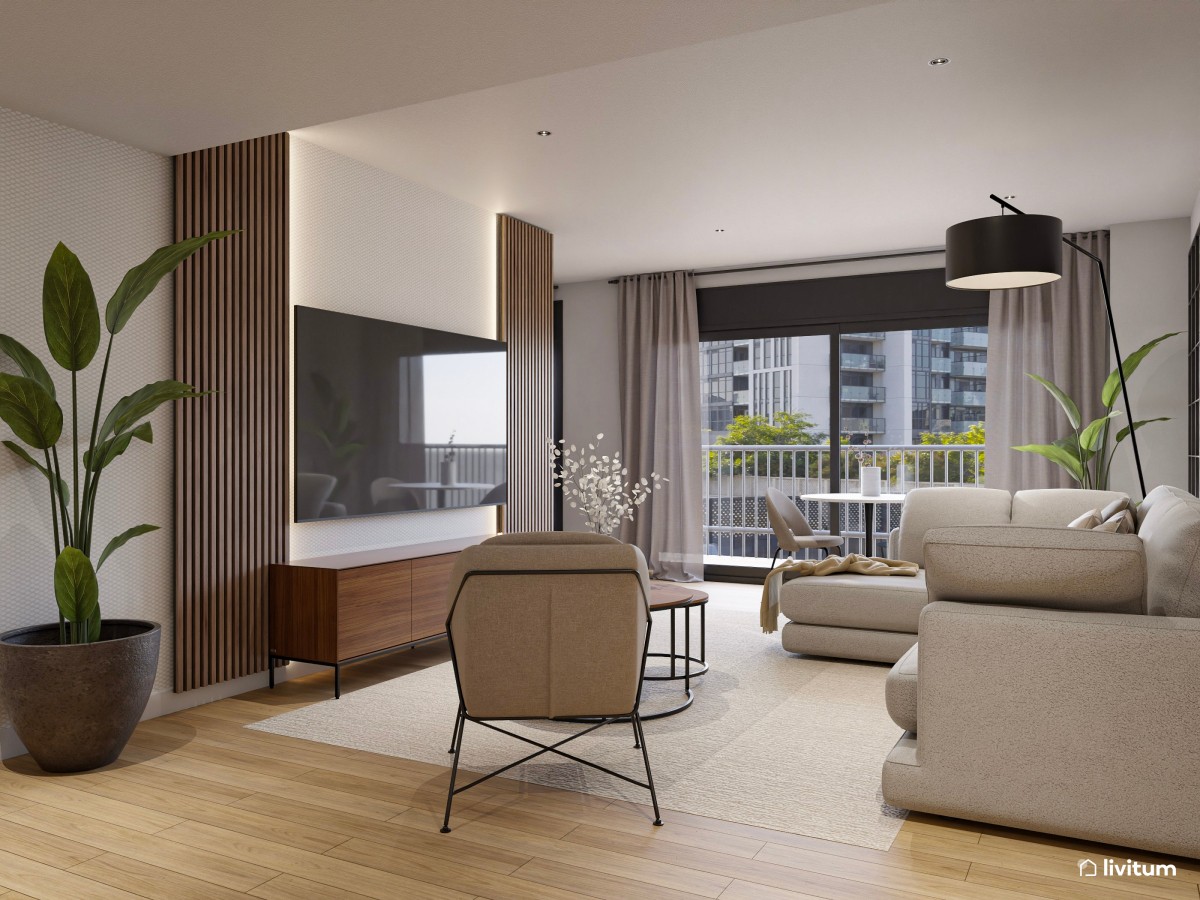 Moderno salón comedor con madera oscura y detalles en negro