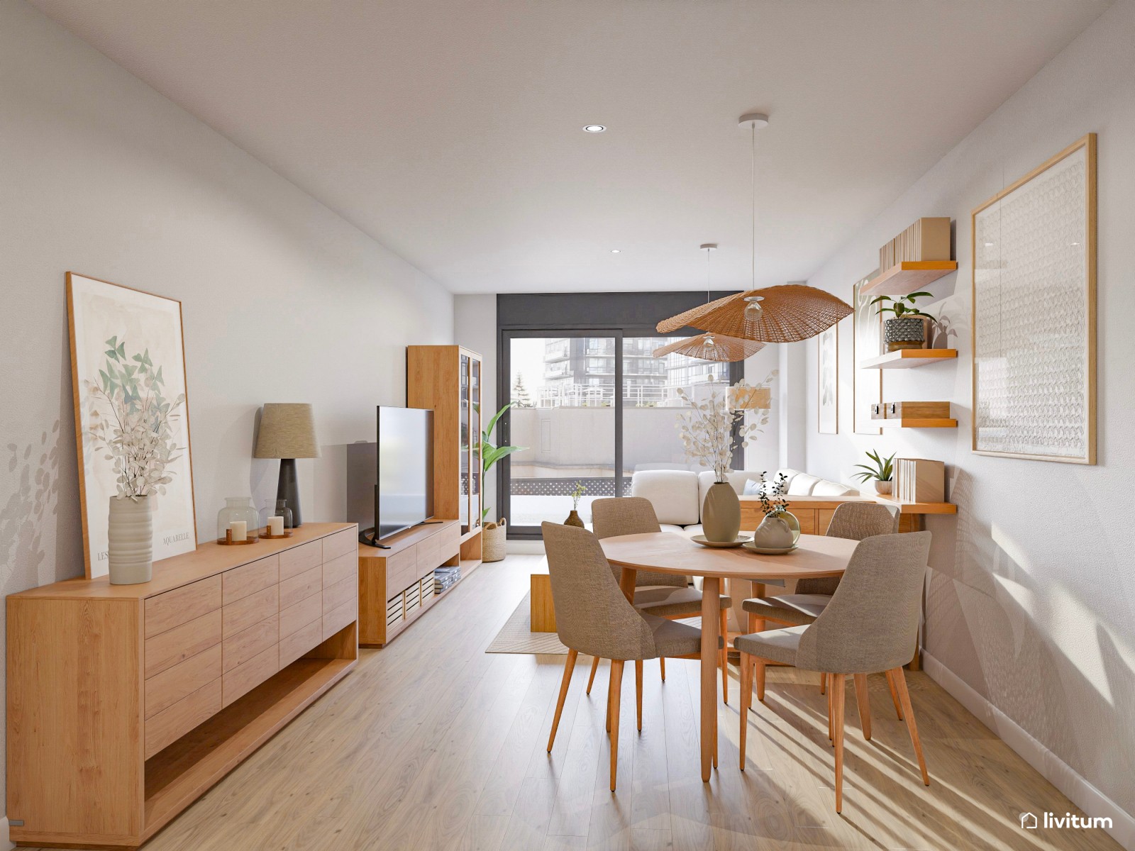 Moderno salón comedor con madera y detalles en verde