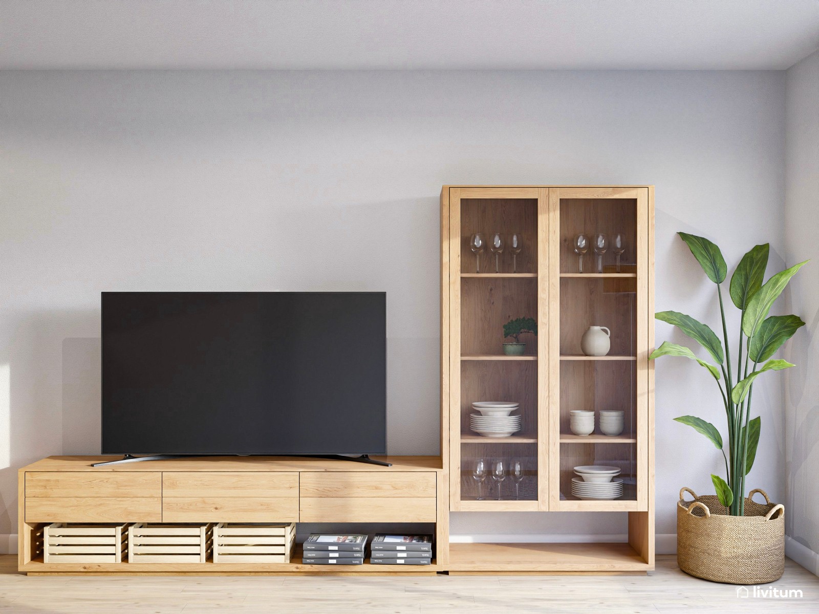 Moderno salón comedor con madera y detalles en verde