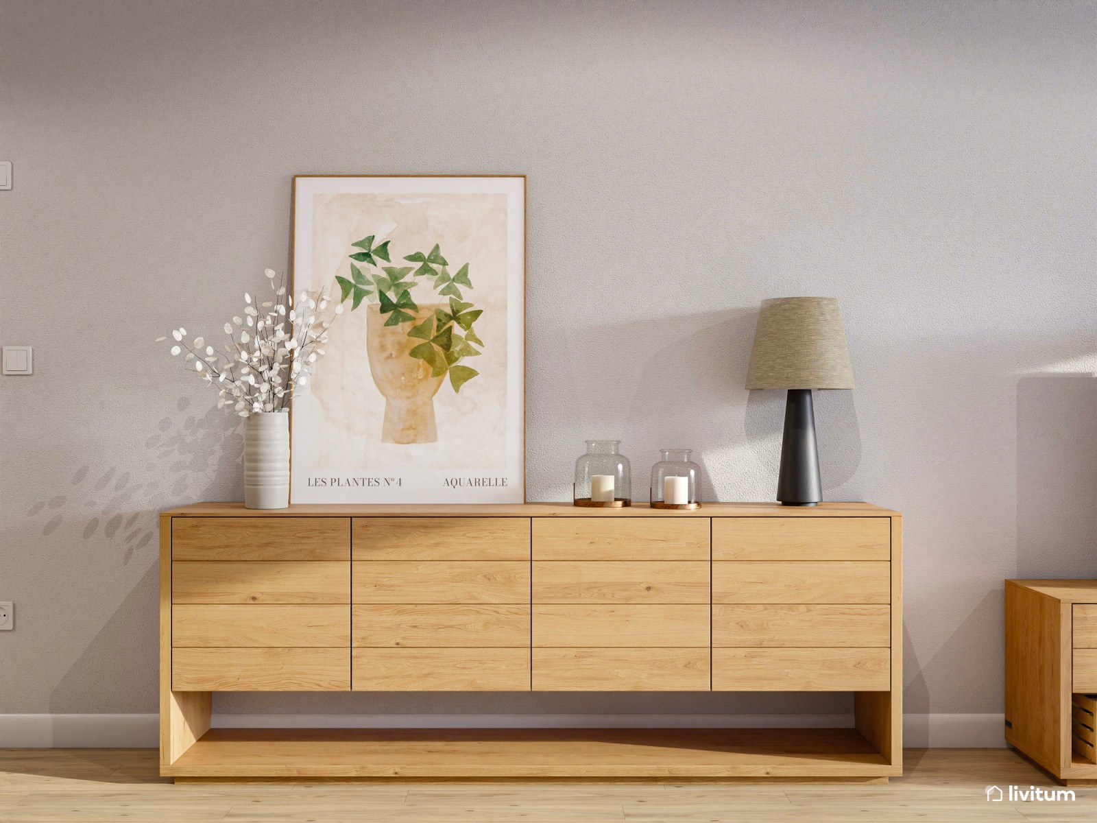 Moderno salón comedor con madera y detalles en verde