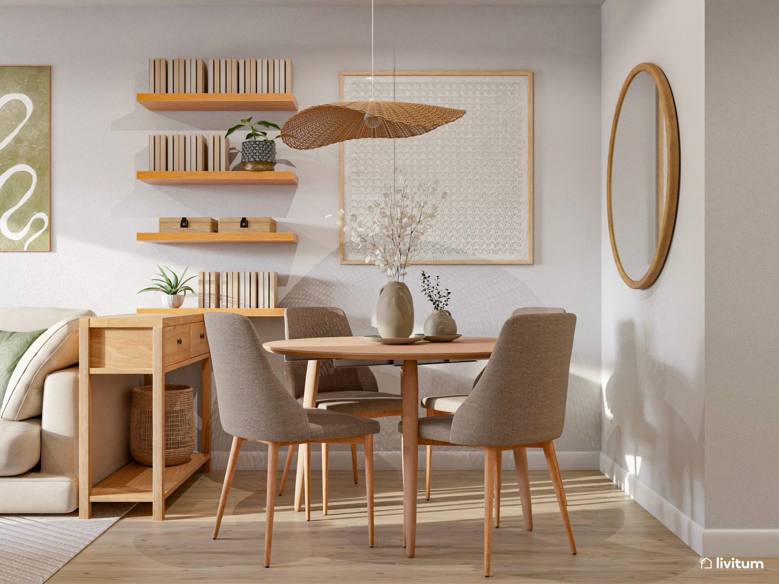 Moderno salón comedor con madera y detalles en verde
