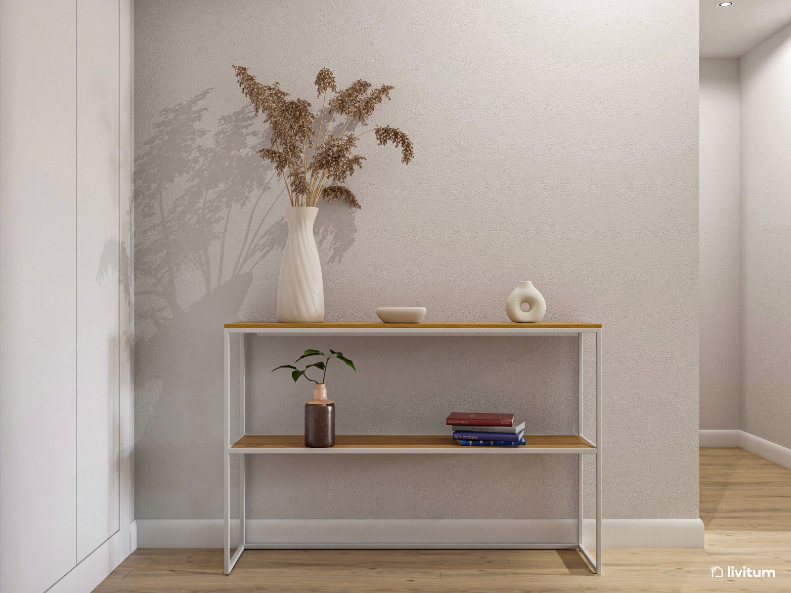 Moderno salón comedor con madera y detalles en verde