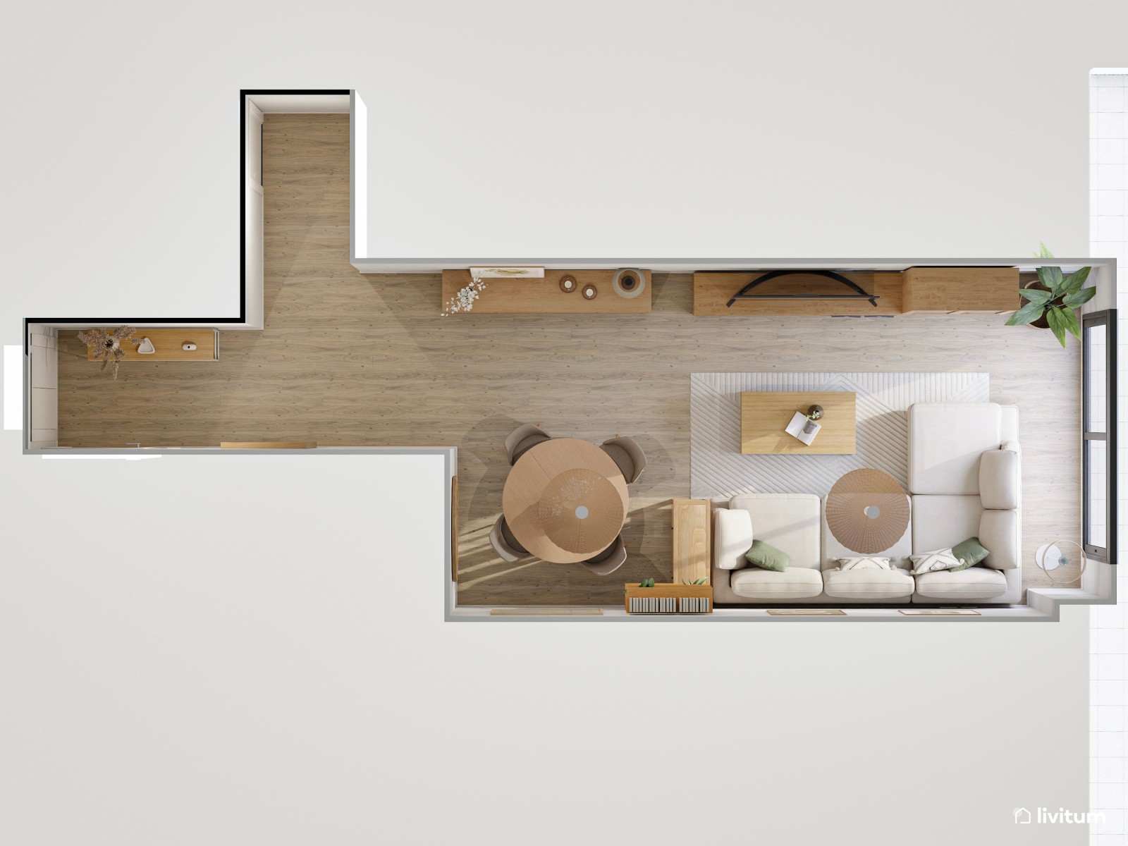 Moderno salón comedor con madera y detalles en verde