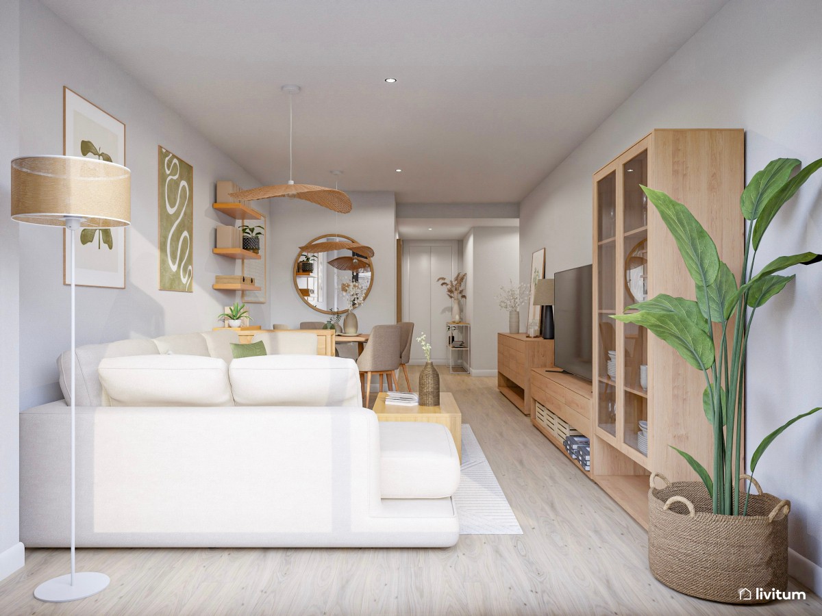 Moderno salón comedor con madera y detalles en verde