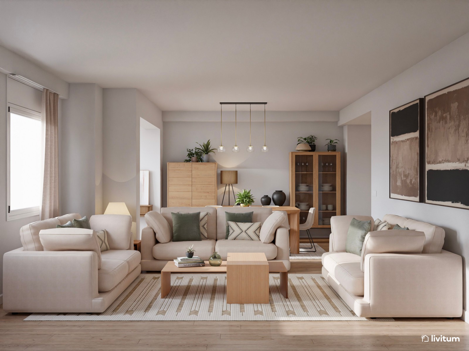 Moderno salón comedor con mucha madera y detalles en verde