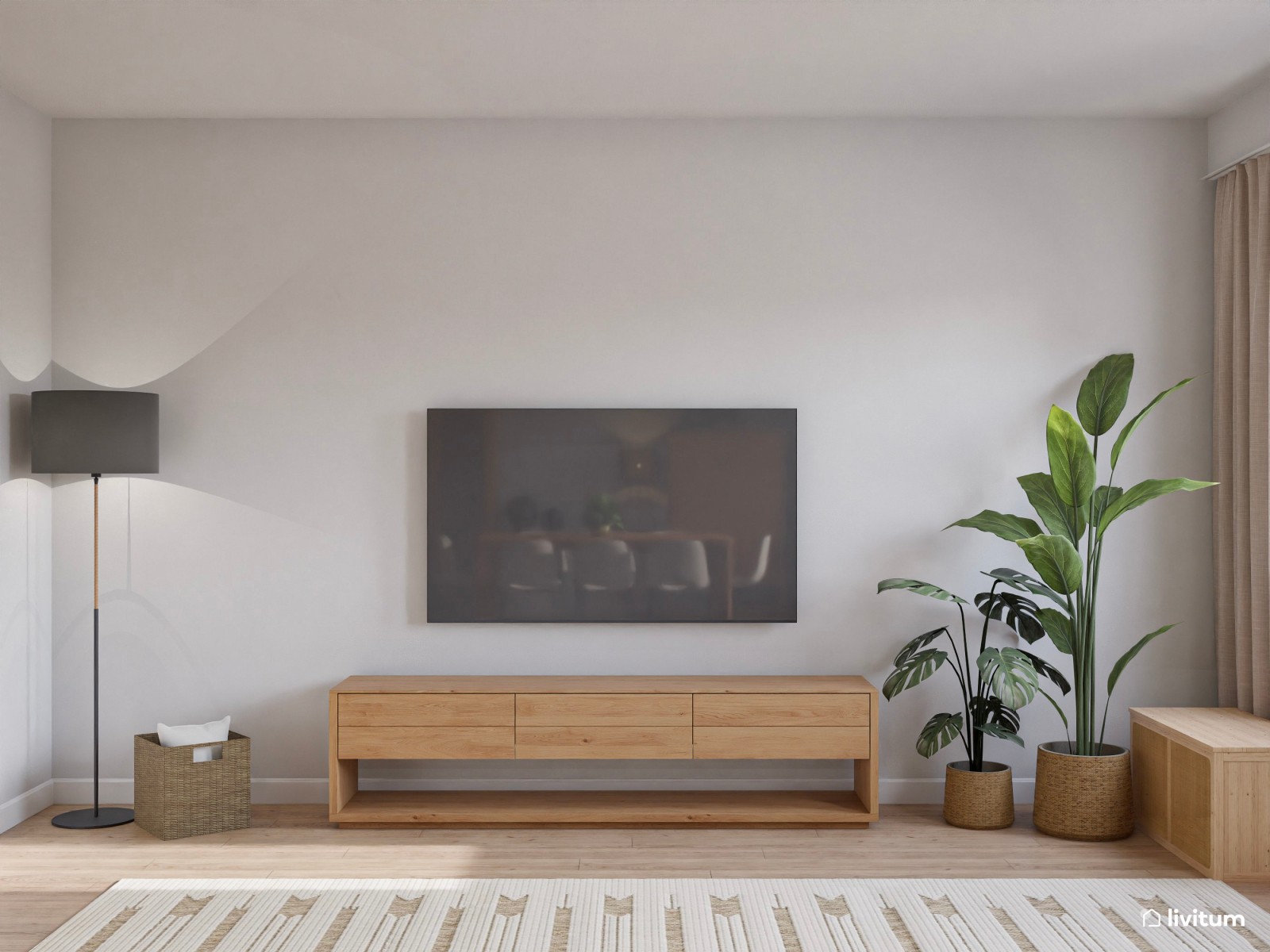 Moderno salón comedor con mucha madera y detalles en verde