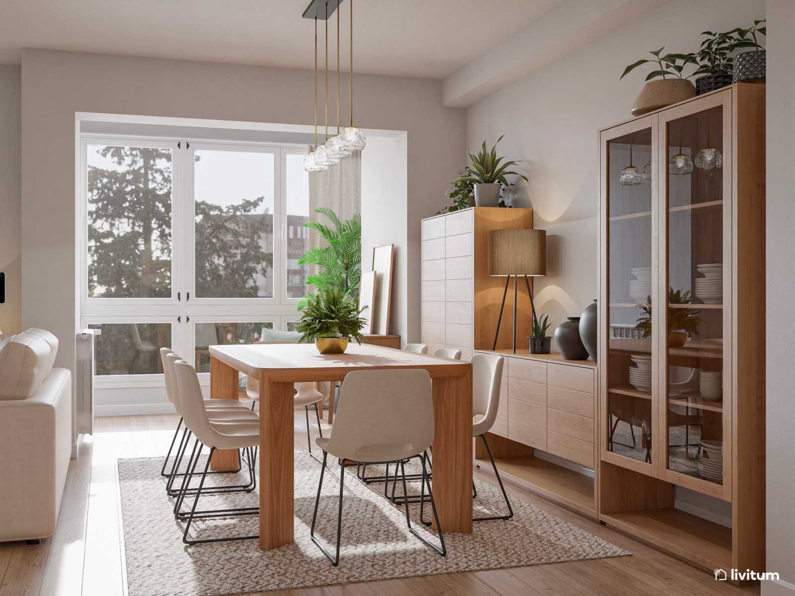 Moderno salón comedor con mucha madera y detalles en verde