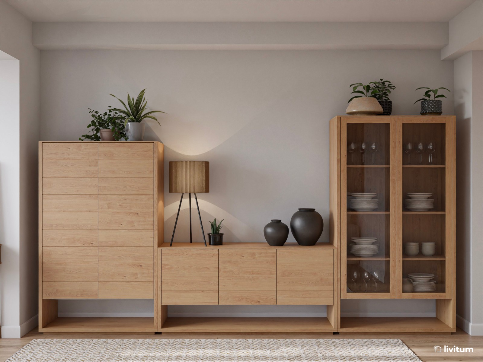 Moderno salón comedor con mucha madera y detalles en verde