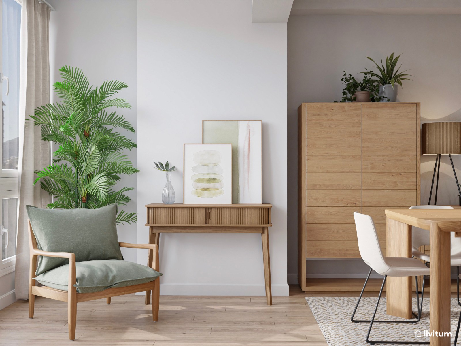 Moderno salón comedor con mucha madera y detalles en verde