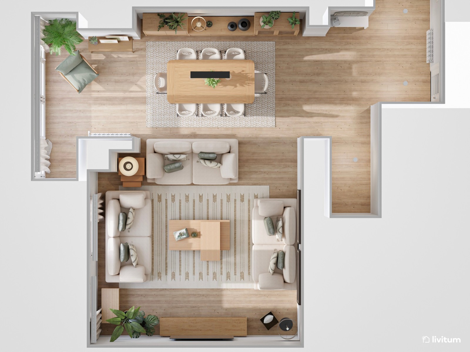 Moderno salón comedor con mucha madera y detalles en verde