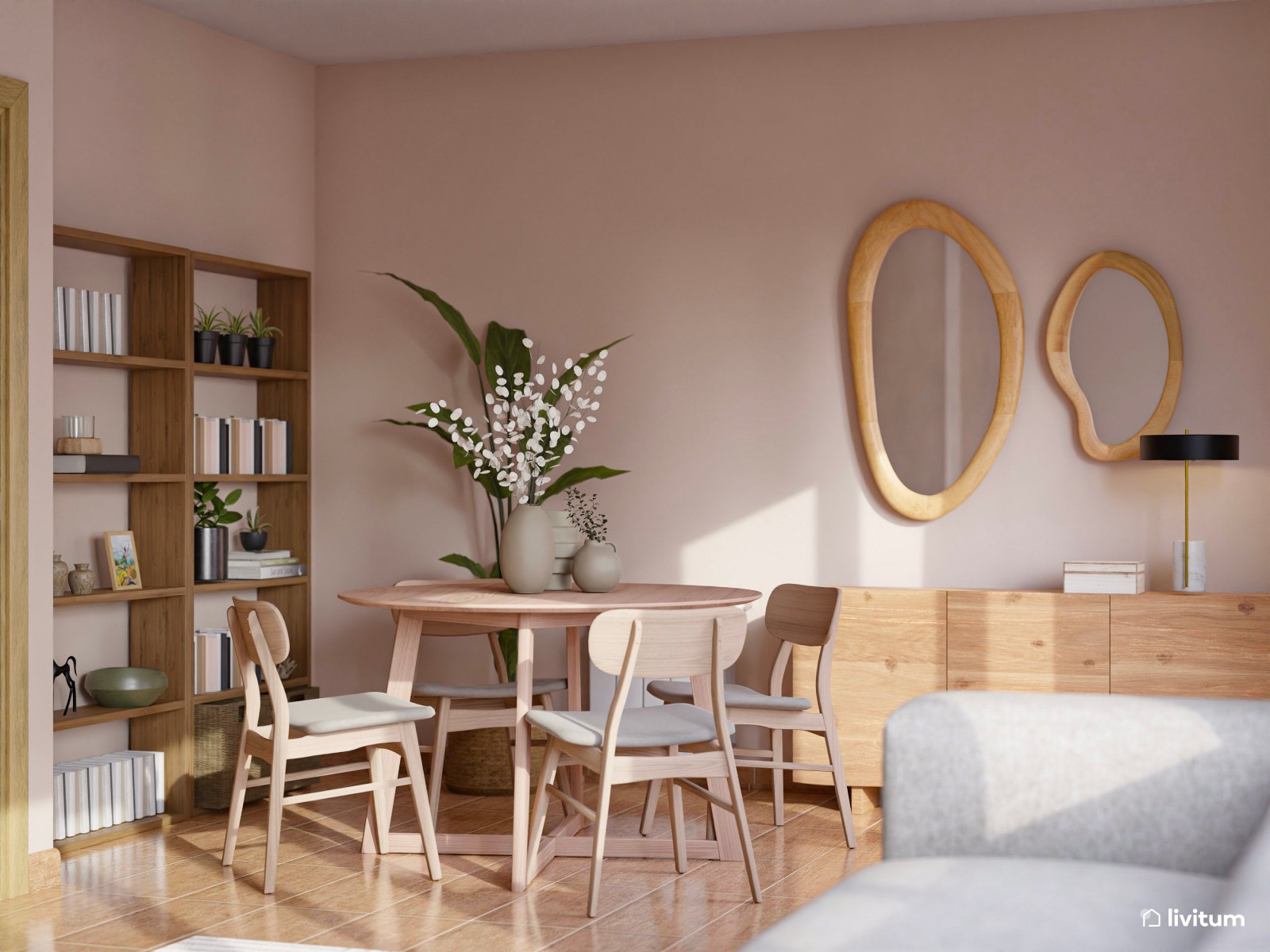 Moderno salón comedor con mucha madera