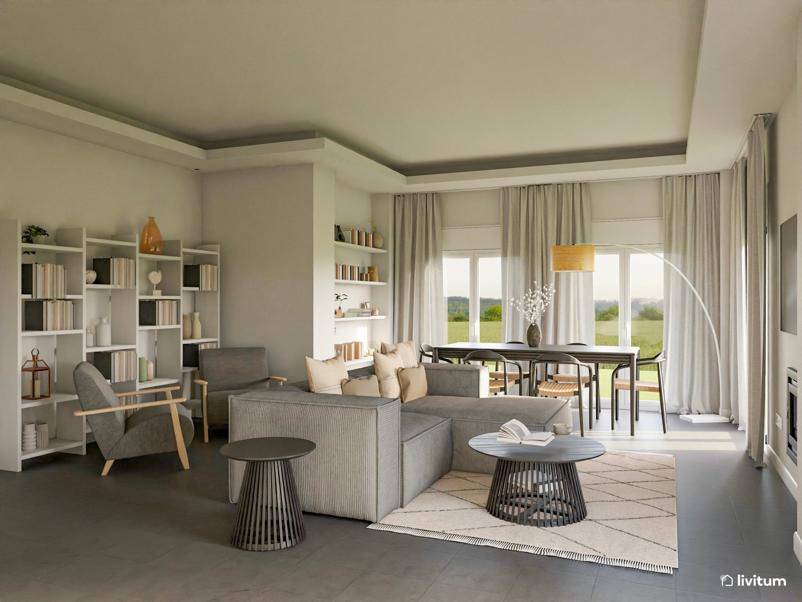 Moderno salón comedor con muebles de tonos grises 