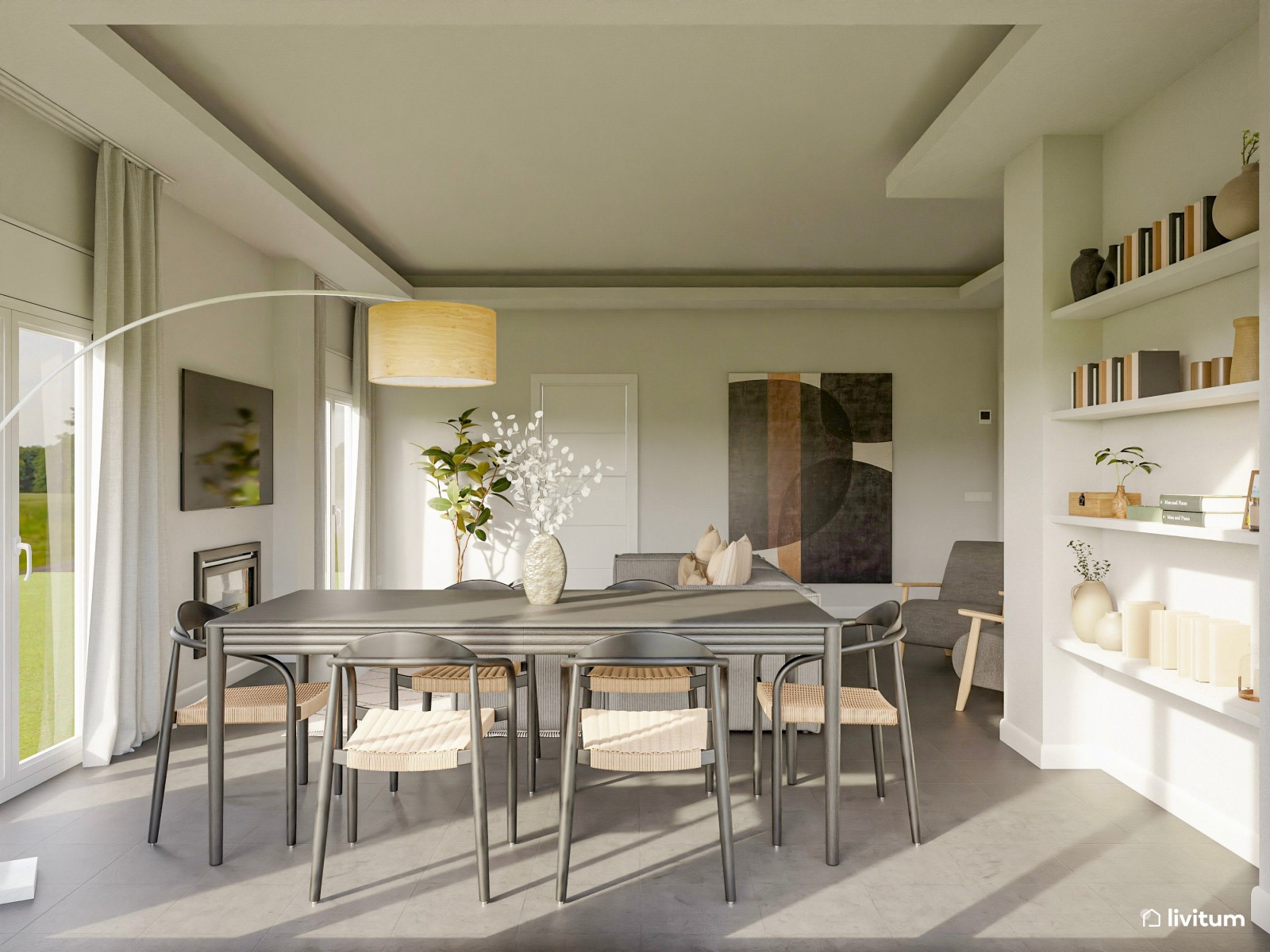 Moderno salón comedor con muebles de tonos grises 