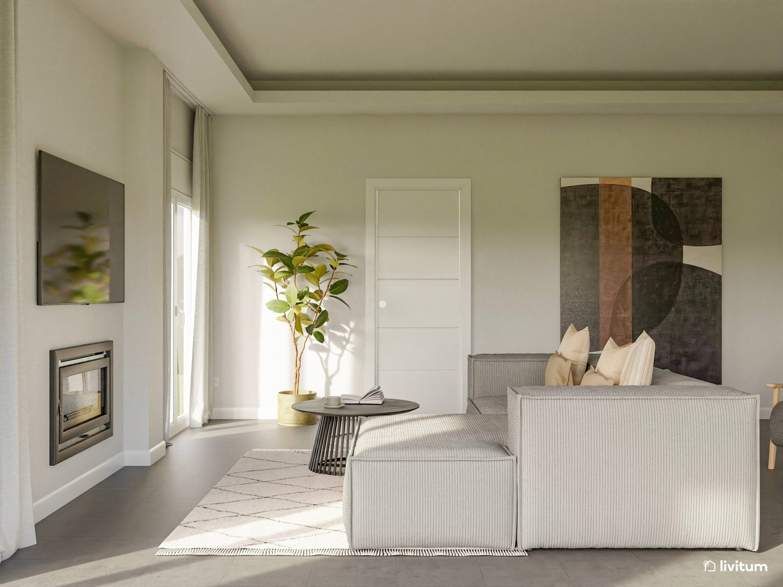 Moderno salón comedor con muebles de tonos grises 