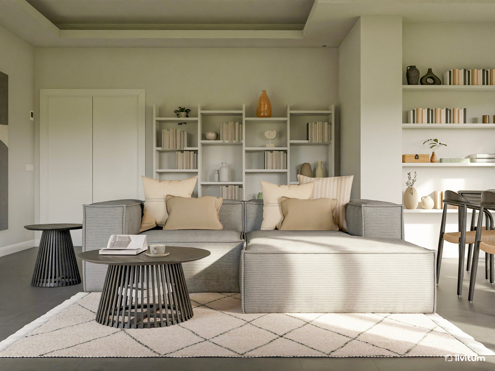 Moderno salón comedor con muebles de tonos grises 