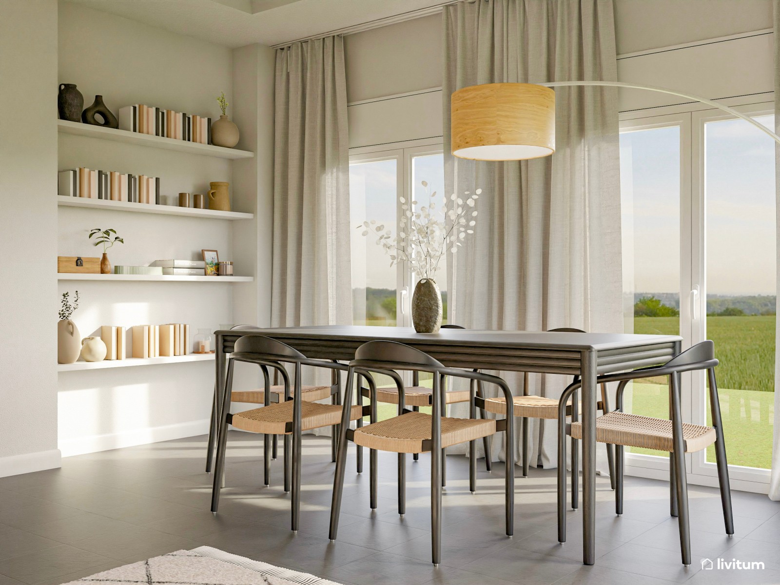 Moderno salón comedor con muebles de tonos grises 
