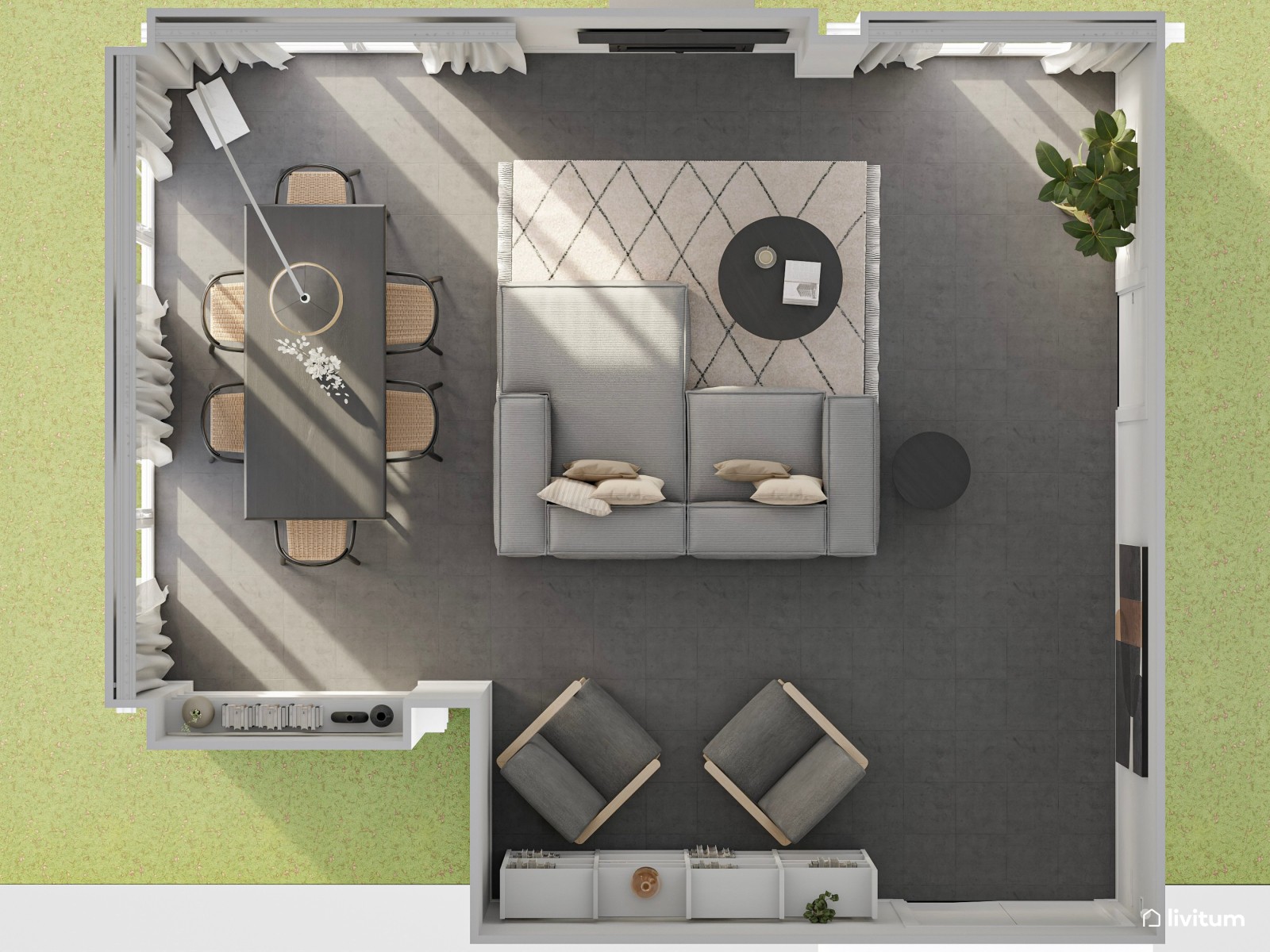 Moderno salón comedor con muebles de tonos grises 