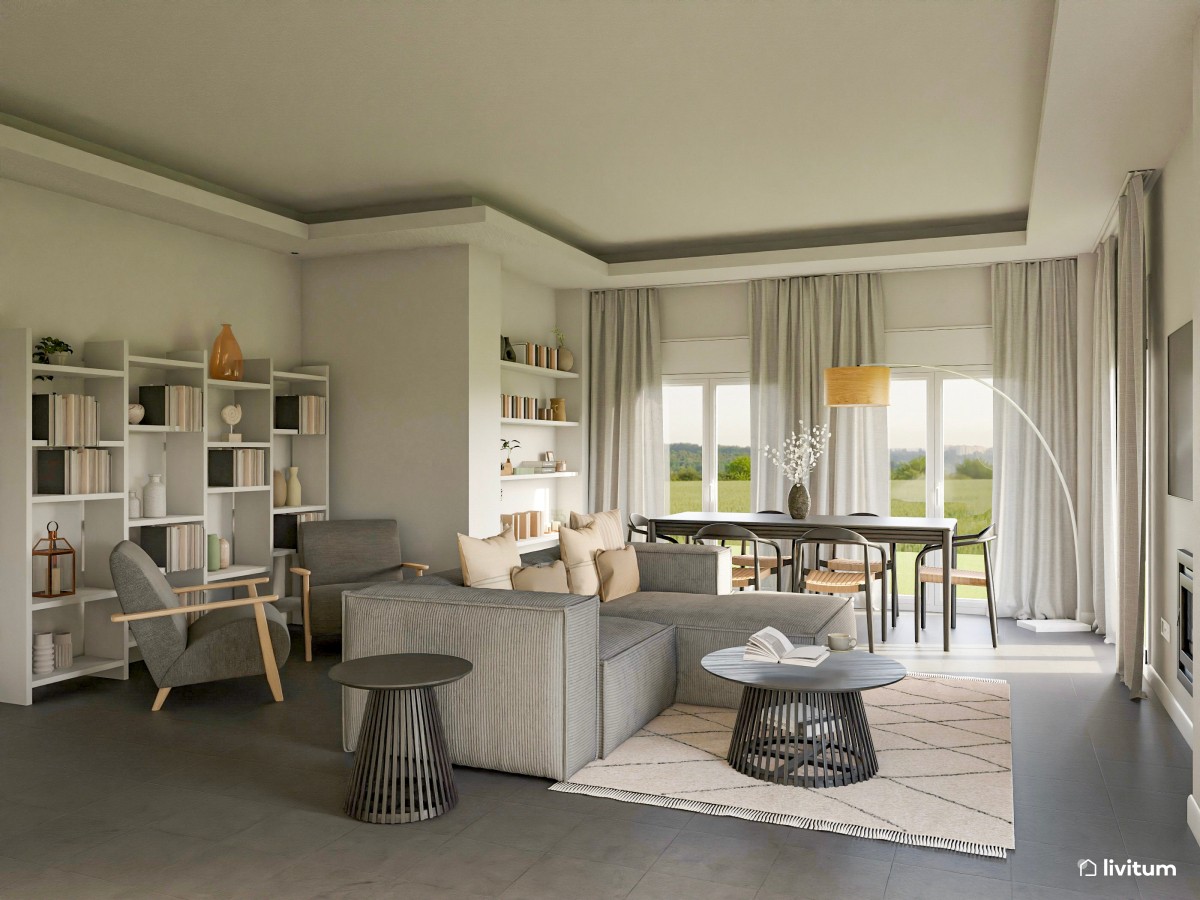 Moderno salón comedor con muebles de tonos grises