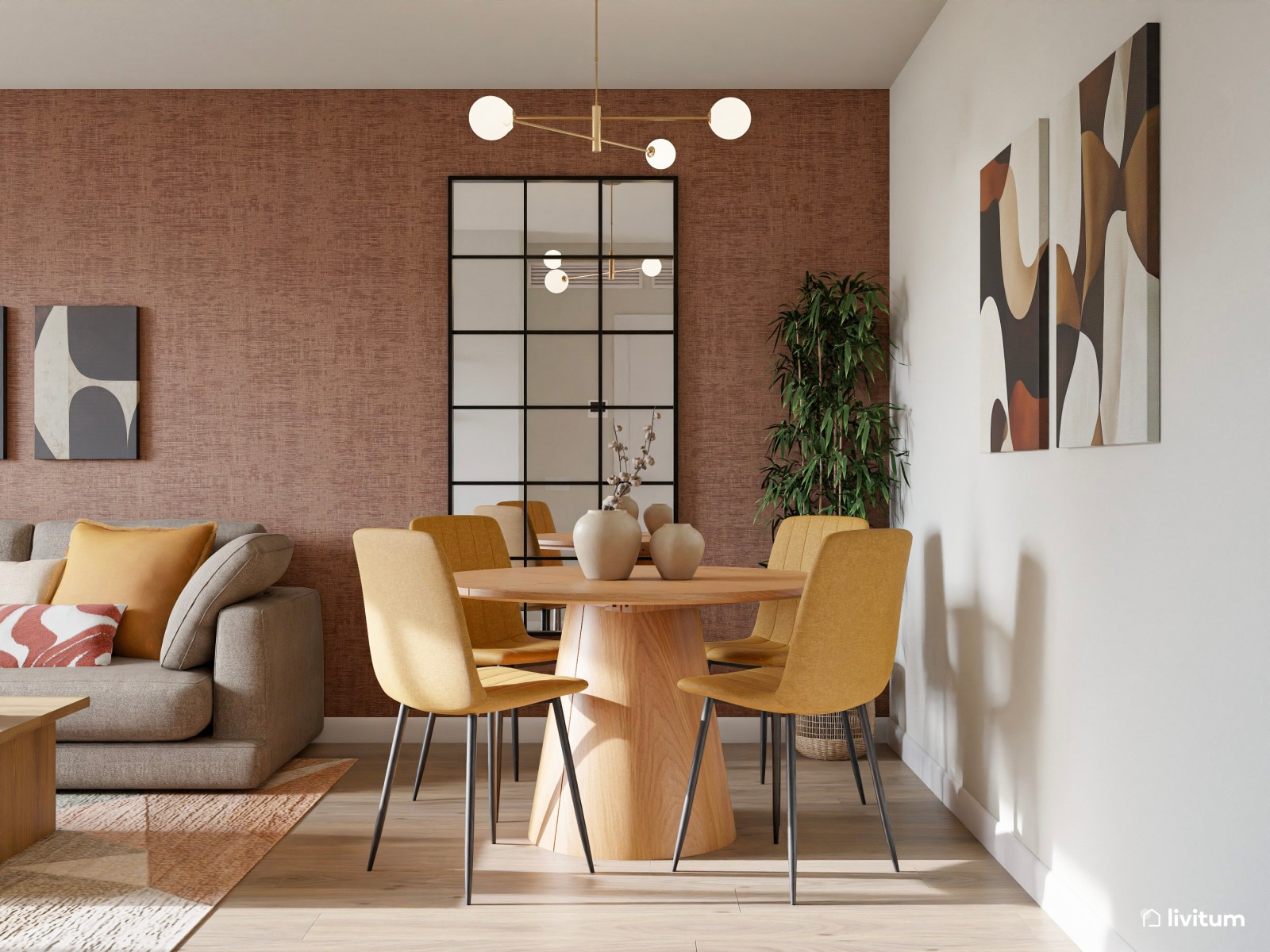 Moderno salón comedor con pared en color teja y detalles amarillos