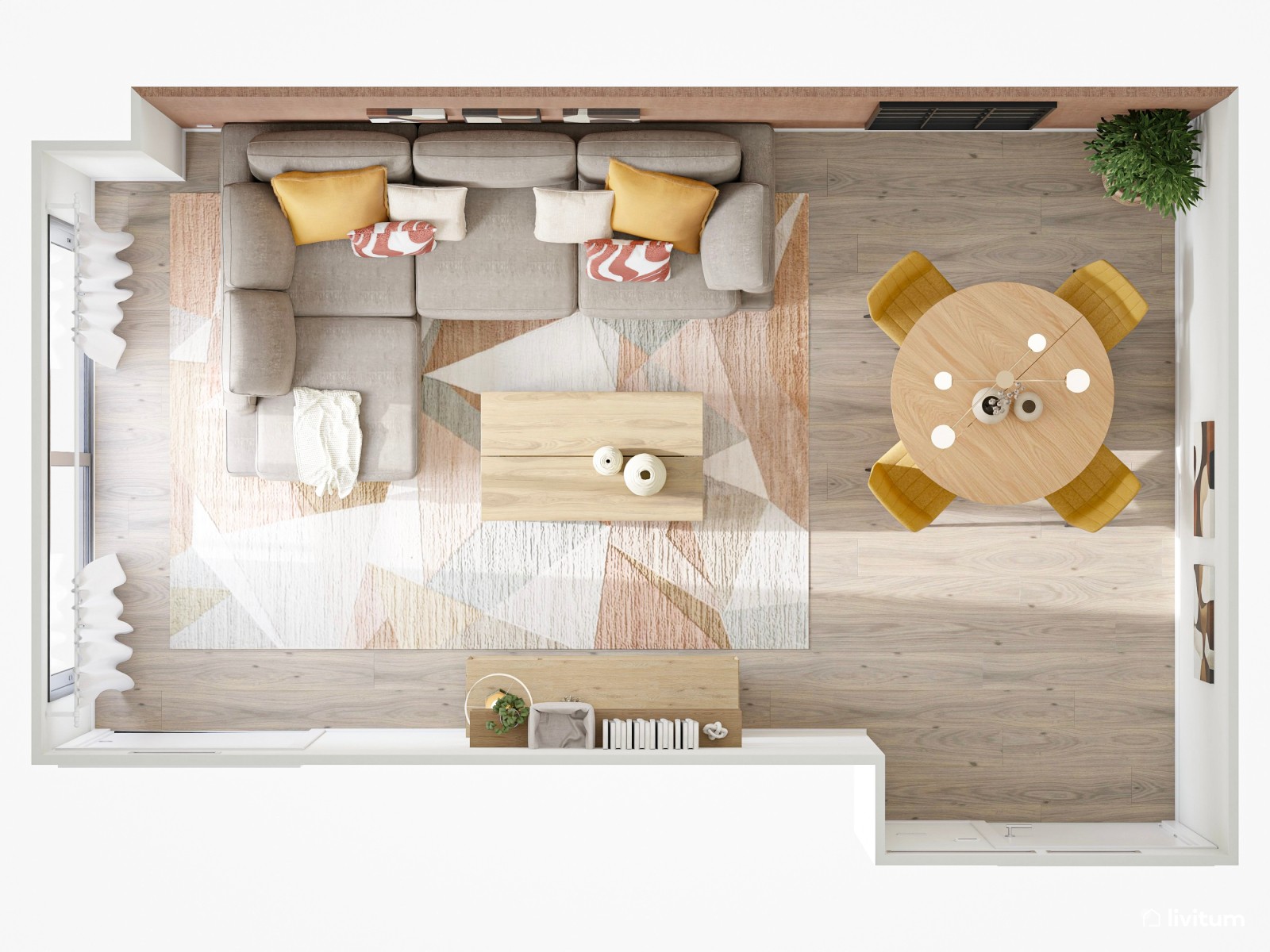 Moderno salón comedor con pared en color teja y detalles amarillos