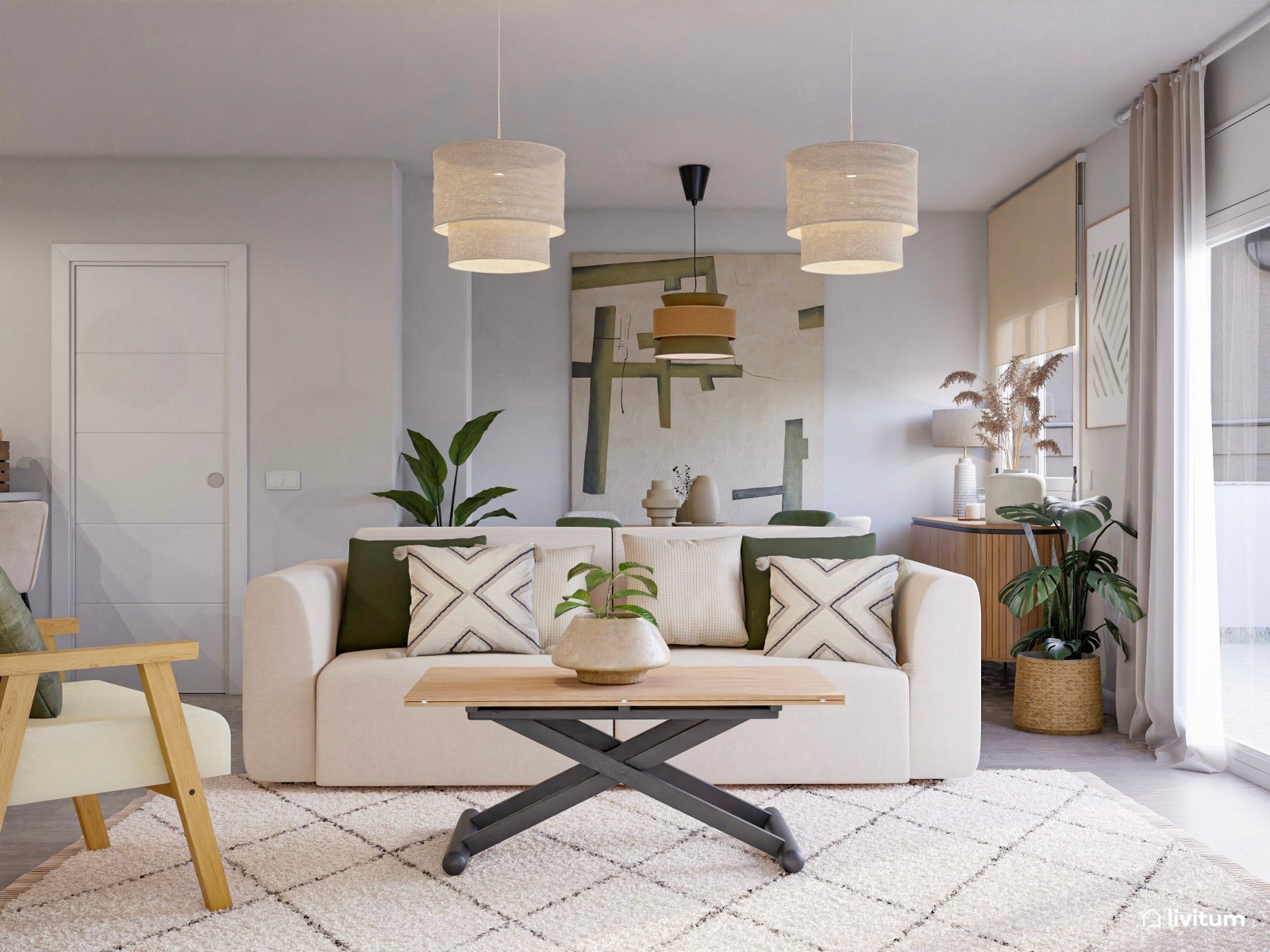 Moderno salón comedor con toques negros y detalles en verde