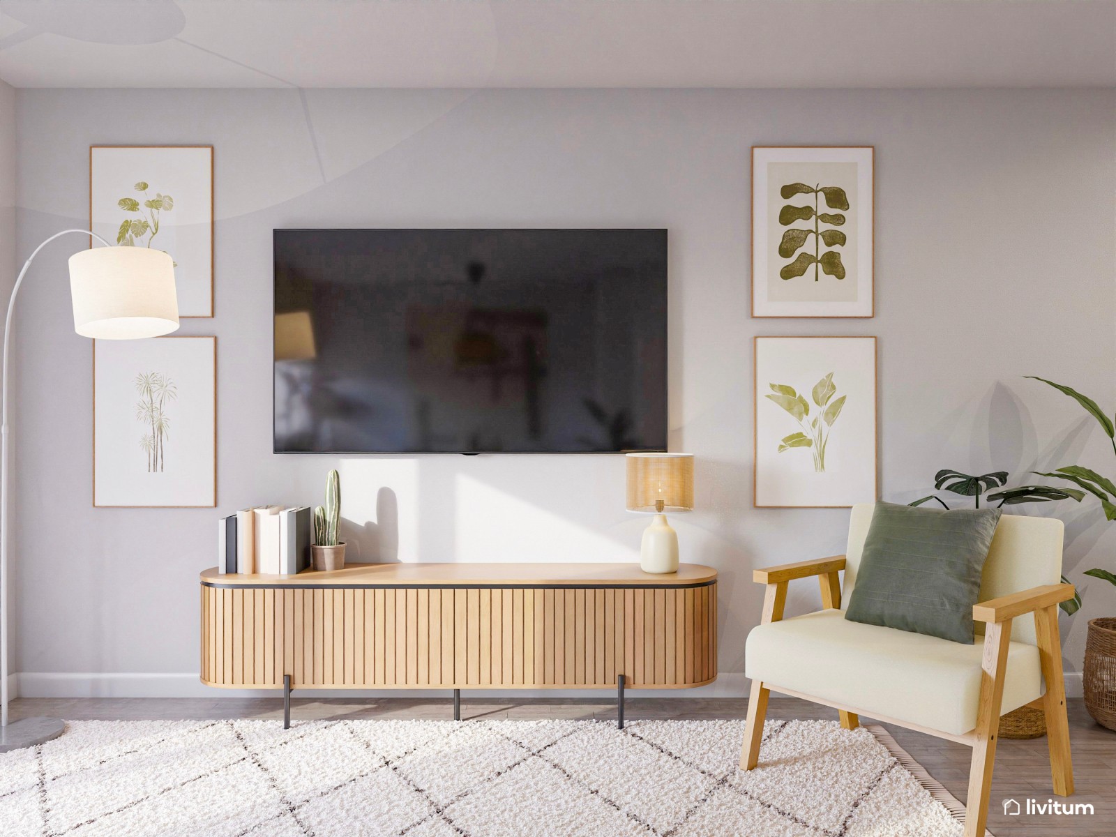 Moderno salón comedor con toques negros y detalles en verde