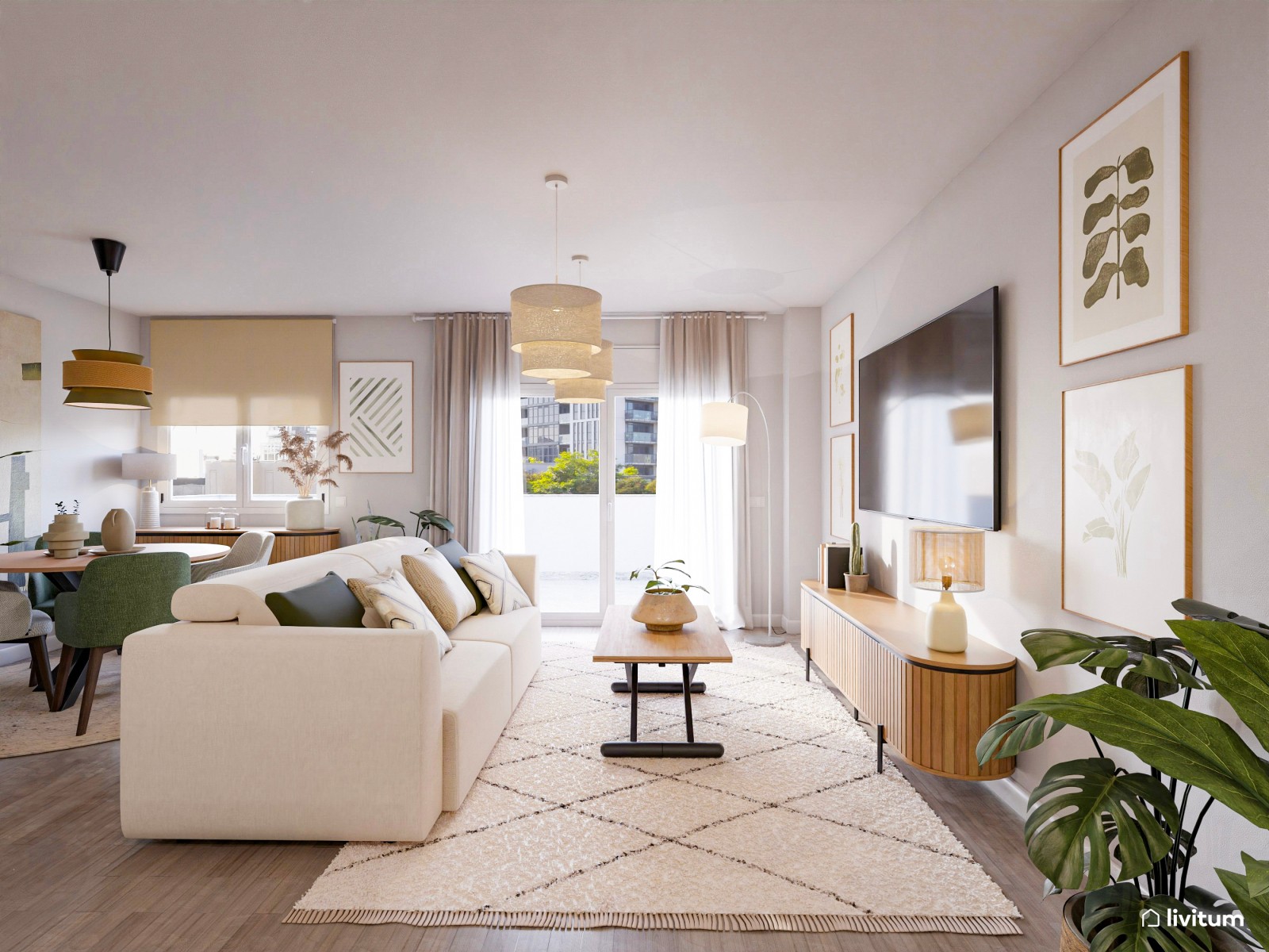 Moderno salón comedor con toques negros y detalles en verde