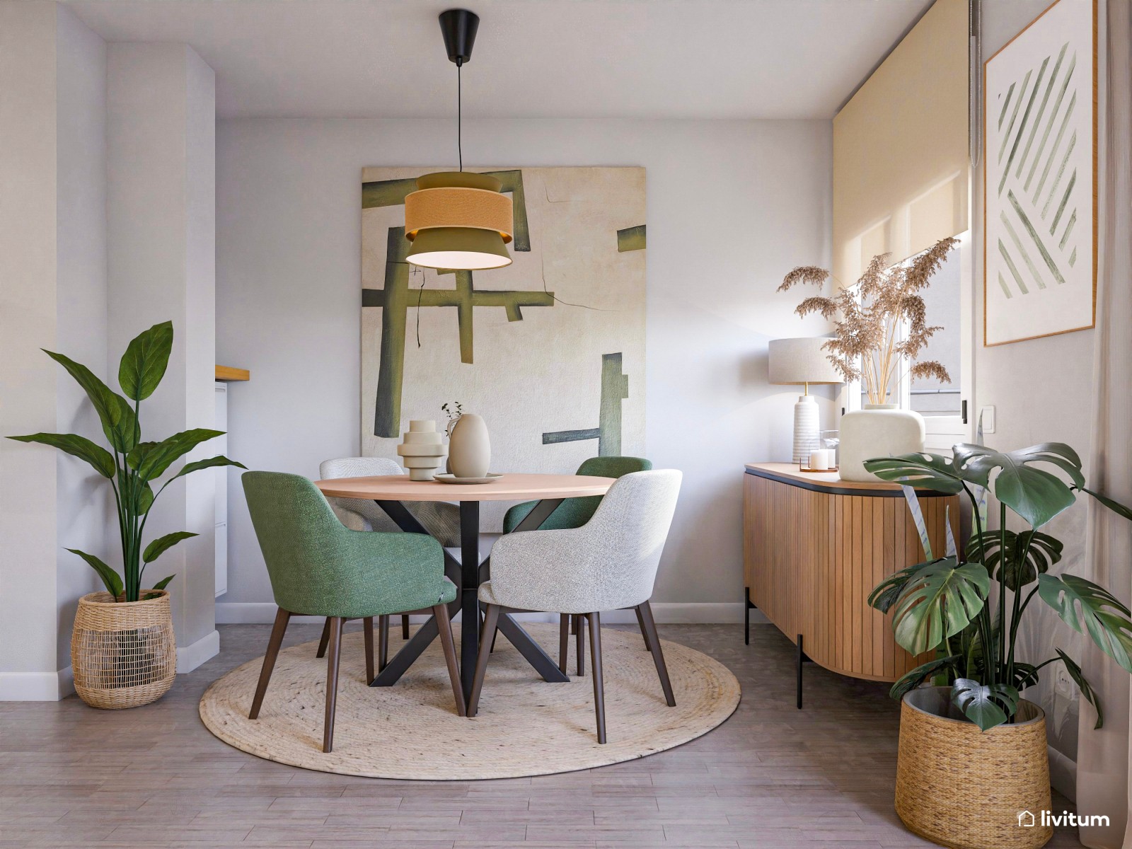 Moderno salón comedor con toques negros y detalles en verde