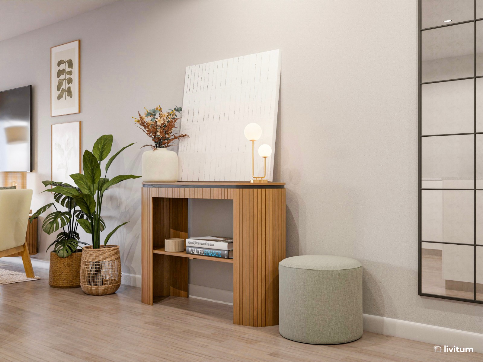 Moderno salón comedor con toques negros y detalles en verde